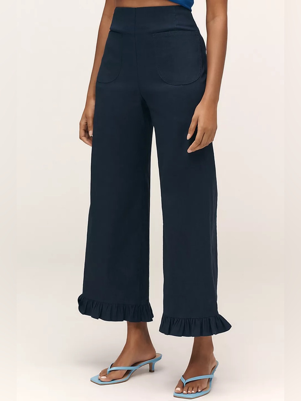 Anthropologie Maeve Colette Crop Pants Wide Leg Ruffle Magic Fabric Navy Blue 30